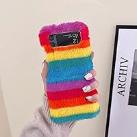 for Samsung Galaxy Z Flip 3 Plush Case, Splicing Design Warm Plush Cute Case for Girls Women Fluffy Furry Back Cover Slim Shockproof Cover for Samsung Galaxy Z Flip 3 5G, Rainbow