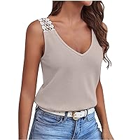 Womens V Neck Tank Tops Fashion Lace Patchwork Shoulder Plain Camisoles Casual Elastic Knit Tunic Loose Dressy Blouses