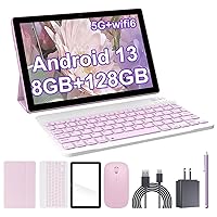 COOPERS 2 in 1 Tablet 10 inch, Android 13 Tablet with Keyboard, 8GB RAM 128GB ROM, 2.4G/5G WiFi, Computer Tablet with Case, Mouse, Stylus, Powerful CPU, 6000mah Battery Tableta PC, Pink