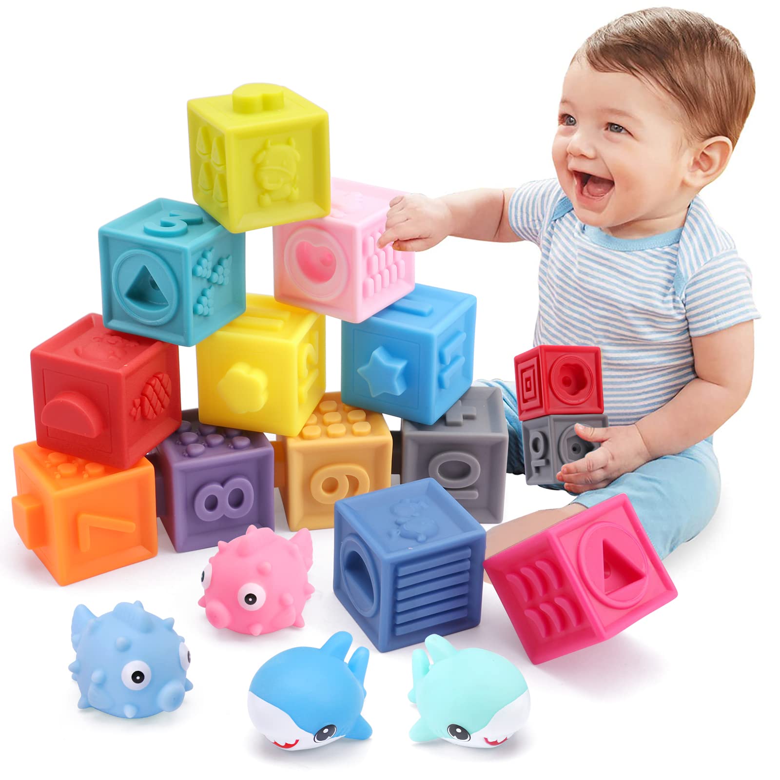 OWNONE 1 Baby Soft Blocks, 16PCS Stacking Building Blocks for Toddlers 1-3, Teething & Sensory Toys for Babies Infant 6 9 10 12 18 Months, Learning Developmental Toys for Boys & Girls 1 2 3 Years Old