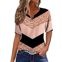 Womens Tops V Neck Summer Short Sleeve Casual Tshirts Stripe Color Block Henly Shirts Sequin Buttons Up Sexy Tunic Tops