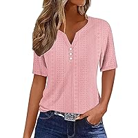 Summer Tops for Women 2024 Short Sleeve Button V Neck Tshirts Trendy Dressy Casual Blouses Loose Fit Eyelet Tunics