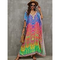 Fall Dresses for Women 2023 Ombre Geo Print Batwing Sleeve Maxi Dress Dresses for Women (Color : Multicolor, Size : One-Size)