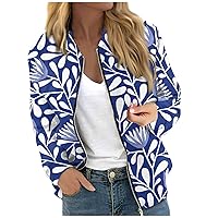 Zip up Jackets for Women Fashion Casual Fall Lightweight Long Sleeve Bomber Coat Stand Collar Floral Print Jackets