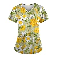Womens Casual Workwear Top with Pockets V-Neck Tees Short Sleeve Lightweight Blouse Carer Uniform Print T Shirt