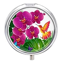Round Pill Box Orchid Flowers with Hummingbird Butterflies Portable Pill Case Medicine Organizer Vitamin Holder Container with 3 Compartments