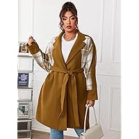 Plus Size Womens Jackets Plus Plaid Raglan Sleeve Belted Overcoat Plus Size Jackets (Color : Brown, Size : XX-Large)