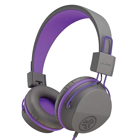 JBuddies Studio On-Ear Kids Wired Headphones, Toddler Headphones, Kid Safe, Studio Volume Safe, Volume Limiter, Folding, Adjustable, Noise Isolation, with Mic (Graphite/Purple)
