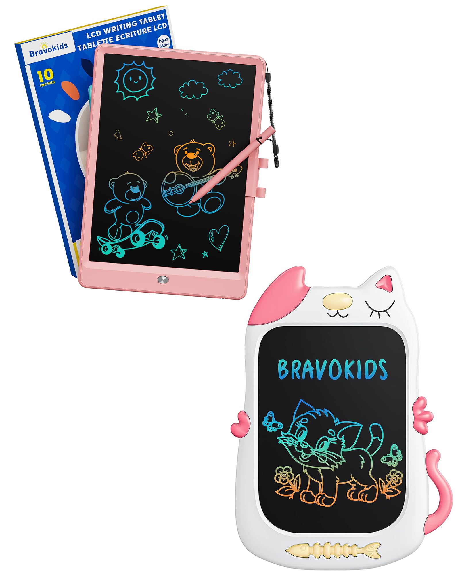Bravokids Toys for 3-6 Years Old Girls, LCD Writing Tablet Doodle Board, Electronic Drawing Tablet Drawing Pads, Educational Birthday Gift for 3 4 5 6 7 8 Years Old Kids (10 inch Pink, 8.5 Cat)