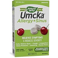 Umcka Allergy+Sinus Homeopathic, Sneezing, Runny Nose, Congestion, and Sinus Pressure**, Phenylephrine Free, Non-Drowsy, Cherry Flavored, 20 Chewable Tablets