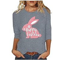 Women's Easter Day 3/4 Sleeve Shirt Crewneck Happy Bunny T Shirts Boho Tees Tunic Top Lightweight Blouses