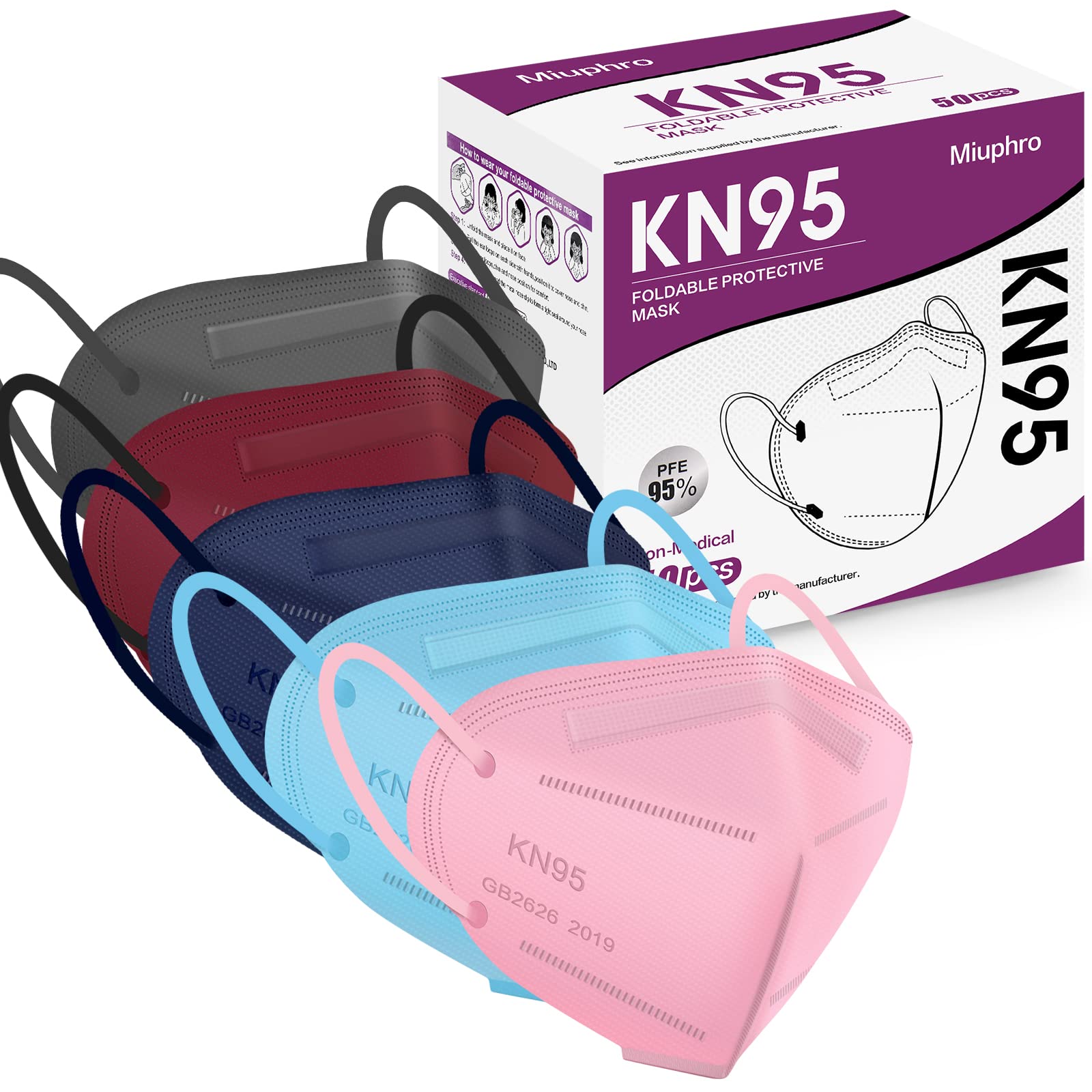 Miuphro Multiple Colour KN95 Face Mask 50 PCs, 5 Layers Safety KN95 Masks, Disposable Masks Respirator for Outdoor(Pink,Blue,Red,Purlpe,Grey)