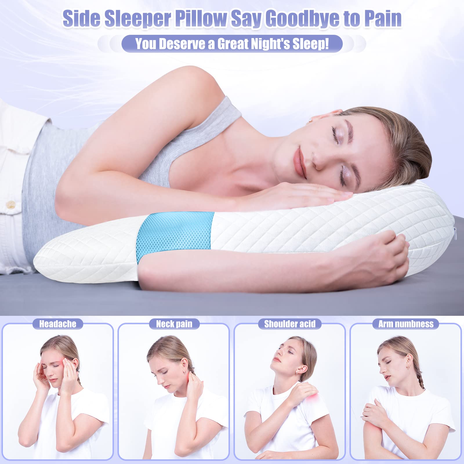 SAHEYER Pillow for Side Sleeper, Odorless Body Memory Foam Pillow with Removable Washable Cover, U-Shaped Ergonomic Orthopedic Support Bed Contour Pillows for Neck, Back, Shoulder Pain Relief, Blue