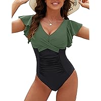 Blooming Jelly Womens Tummy Control Swimsuits Slimming One Piece Bathing Suits Ruffle Sleeve Modest Swimwear