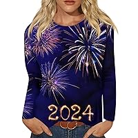 Womens Tops 2024 New Year Printed Long Sleeve T Shirts Spring Fashion Loose Fit Crewneck Pullover Blouse