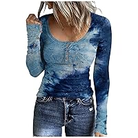 Women Solid Button Down Henley Shirts Casual Scoop Neck Slim Fit Tunic Tops Trendy Long Sleeve Daily Work Outfits