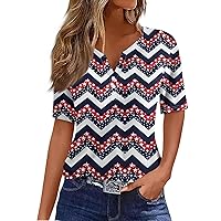 Fourth of July Shirts for Women, Button V Neck Short Sleeve Blouses Festival Loose Fit Trendy Patriotic Tees