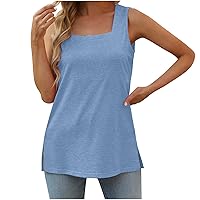 Square Neck Tank Top Women Loose Fit Summer Tops Soft Cute Basic Sleeveless Flowy Tee Fashion Side Slit Tunic Shirts