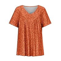 Women V Neck Summer Fashion Floral Print Shirts Short Sleeve Tunic Top Casual Flowy Pleated Shirt to Wear with Leggings