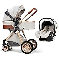 3 in 1 Baby Travel System Infant Baby Stroller Pushchair High Landscape Reversible Foldable Portable Stroller Newborn Pram Reclining Baby Carriage (White)