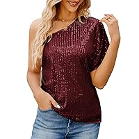 JASAMBAC Sparkle Sequin Tops for Women One Shoulder Sexy Shiny Bling Camisole for Glitter Party
