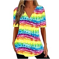 Short Sleeve Shirts for Women Tie Dye V-Neck Tunic Tops Casual Overszied Half Zip Up Spring Outfits