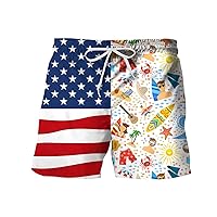 Men's Beach Shorts USA Flag 4th of July Independence Day Square Leg Swim Briefs Swimsuit Floral Bird Printed Hawaiian Shorts