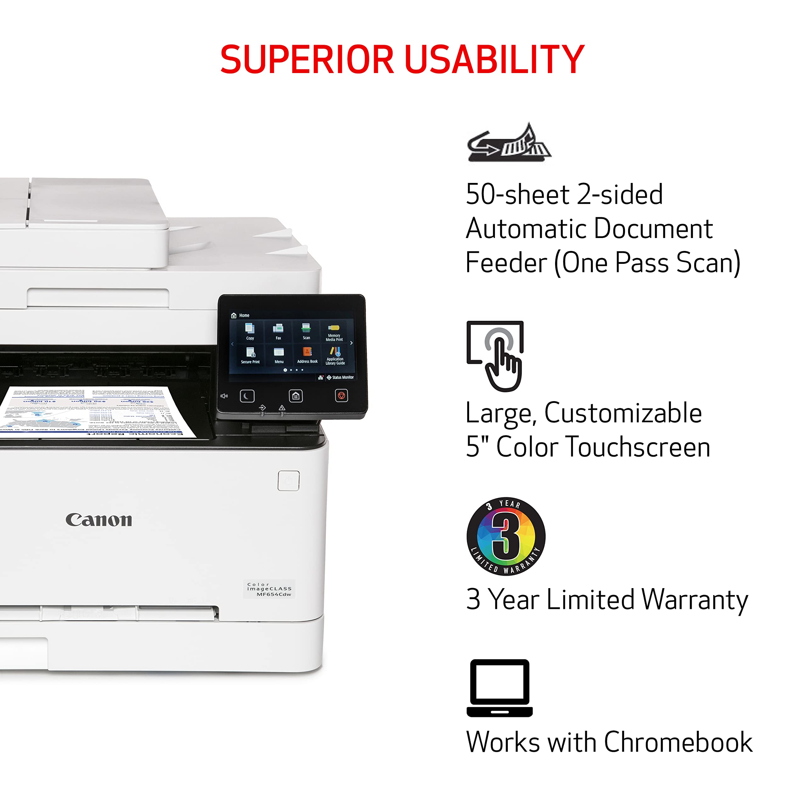 Canon Color imageCLASS MF656Cdw - All in One, Duplex, Wireless Laser Printer with 3 Year Limited Warranty, White