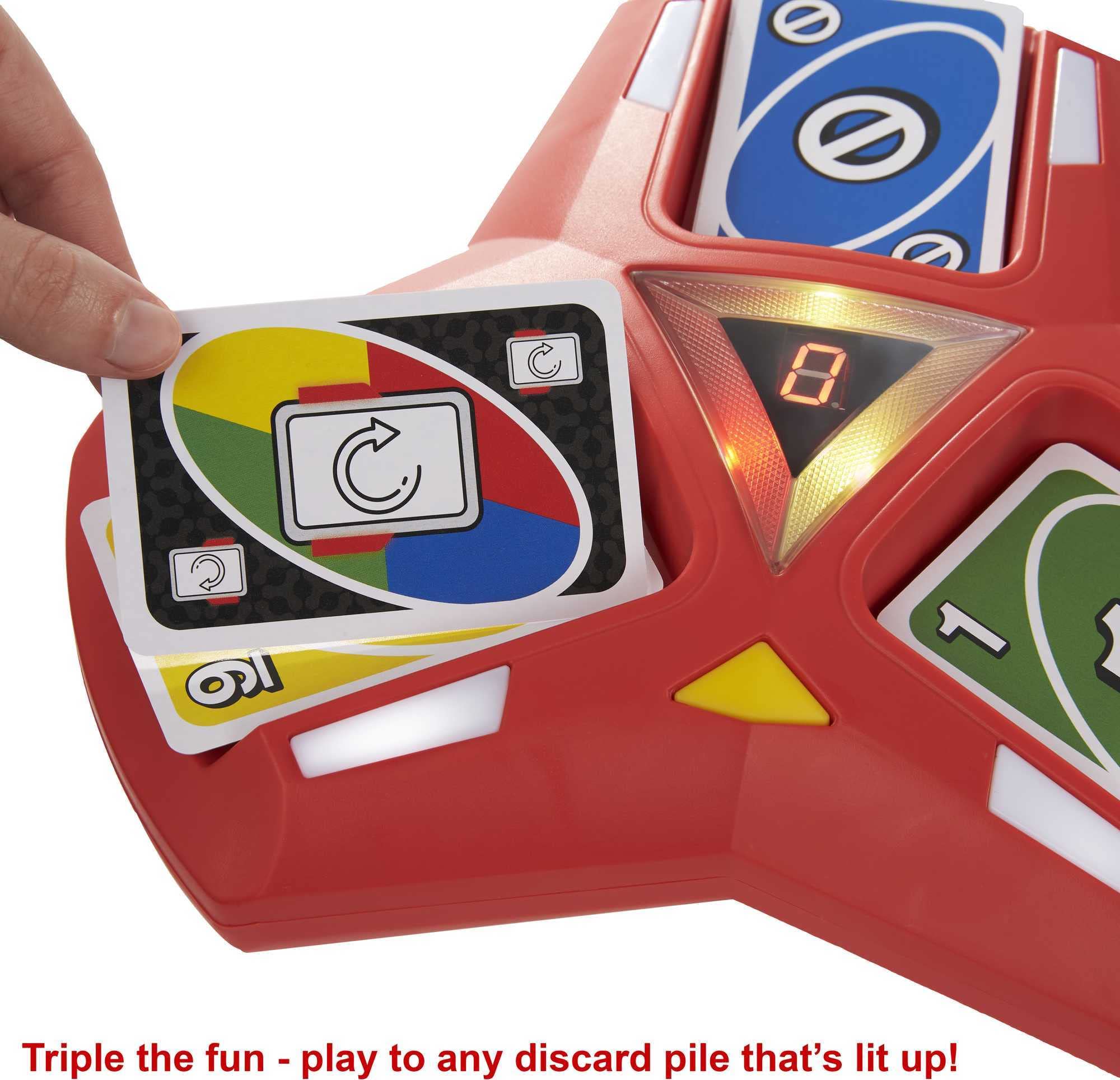Mattel Games UNO Triple Play Card Game with Card-Holder Unit with Lights & Sounds & 112 Cards, Kid, Teen & Adult Game Night Gift Ages 7 Years & Older - HCC21