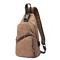Men Sling Backpack Crossbody Chest Bag Shoulder Casual Daypack Multipurpose Canvas Rucksack with USB Charger Port (Brown)