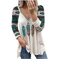TUNUSKAT Womens Knit Long Sleeve Tops Quarter Zip Pullover Sexy V Neck Ethnic Print Western Shirt Casual Tunic Blouse