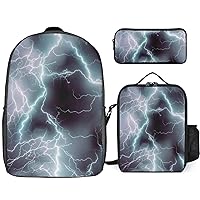 Electrifying Thunder Bolt Print Print Backpack 3Pcs Set Cute Back Pack with Lunch Bag Pencil Case Shoulder Bag Travel Daypack