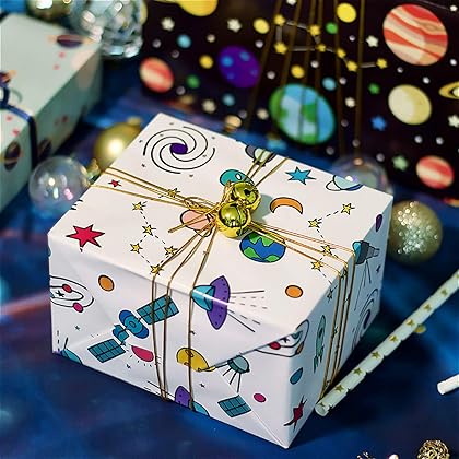 PLULON 6 Sheets Gift Wrapping Paper Birthday, Boys Outer Space Design Wrapping Paper for Kids Present Birthday Party and Baby Shower