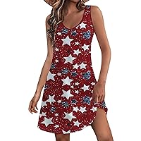 July Fourth Outfits Women 4th of July Dress Women 2024 American Print Vintage Fashion Casual with Sleeveless Round Neck Sundresses Wine XX-Large