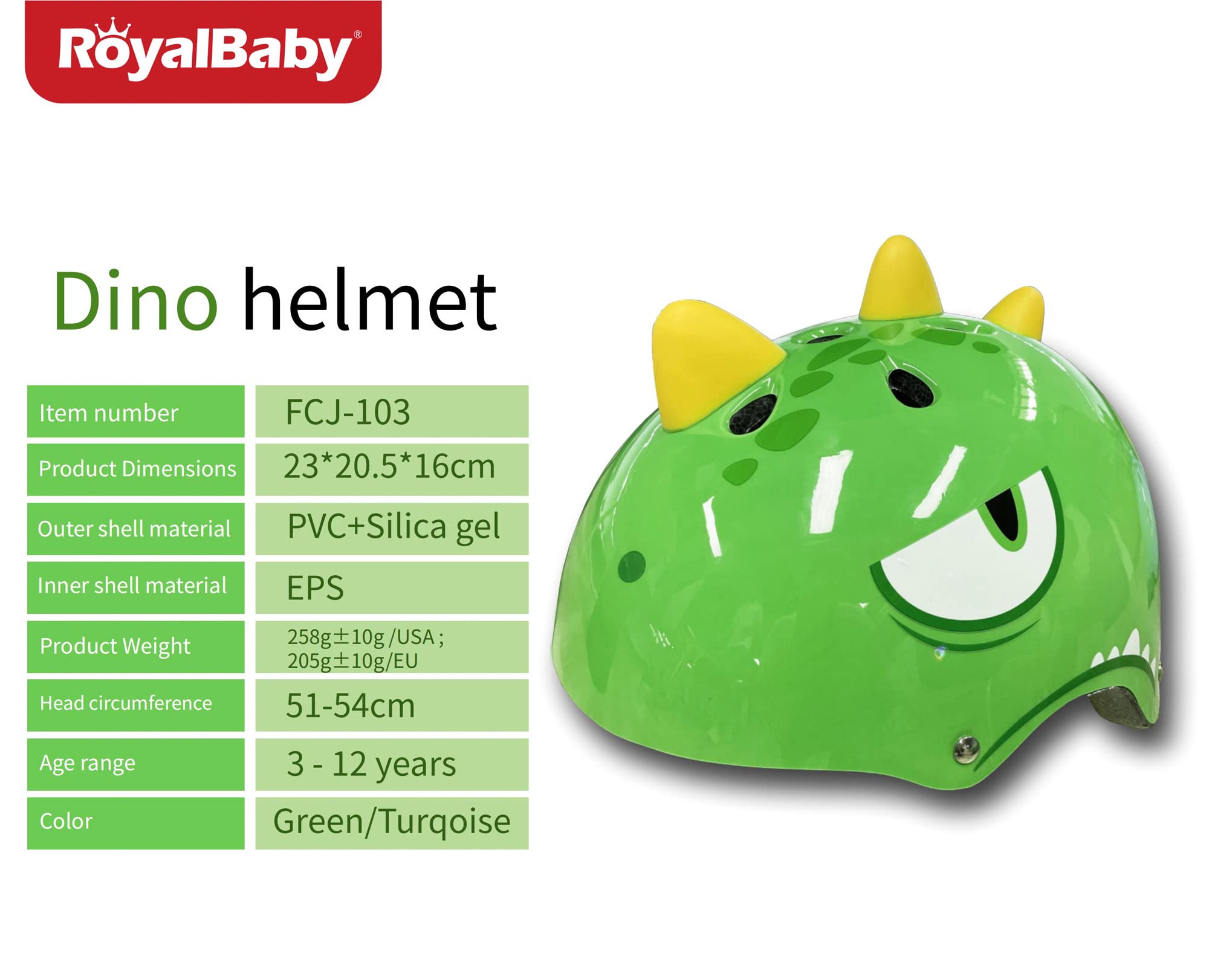 RoyalBaby Kids Bike Helmet Toddler to Youth Sizes for Boys Girls Dinosaur Helmet Green Dino Helmets for Multi-Sport