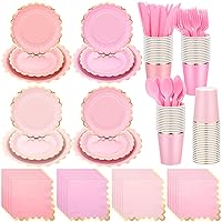 168 Pcs Disposable Dinnerware Set Party Supplies, Scalloped Paper Plates Cups Napkin with Gold Foil Plastic Forks Knives Spoons Serve 24 Guests for Birthday Baby Shower (Pink,Round)