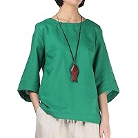 Minibee Women's Loose Cotton Linen Blouse Round Neck with Chinese Frog Button Tops