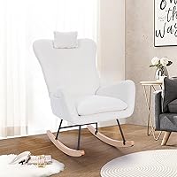 Rocking Chair Nursery, Teddy Living Room Armchair with Wood Base, Baby Glider Rocker with Headrest & Side Handy Cocket, Small Gliding Seat for Bedroom, Office, 36