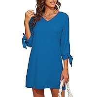 BELONGSCI Women's 2024 Summer Dress Sweet & Cute V-Neck Self Tie 3/4 Sleeve Casual Shift Dress