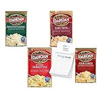 Idahoan Mashed Potatoes Variety Bundle: Buttery Homestyle, Baby Reds, Four Cheese, Roasted Garlic (4 Ounce x 4 Pack) 1x BONUS 50 page Happy Home Magnetic Notepad