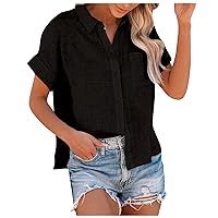 Women's Summer Tops Casual Fashion Cotton Linen Short Sleeve Lapel Button Down Shirt Top Shirts Trendy, S-5XL
