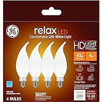 GE Relax LED Light Bulbs, 40 Watt, Soft White Candle Lights, Decorative Light Bulbs, Frosted, Small Base (4 Pack)