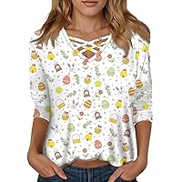 Plus Size Happy Easter T-Shirt for Women Bunny Rabbit Graphic Tees Funny Letter Print 3/4 Sleeve Shirts Tops