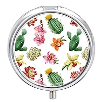 Round Pill Box Succulents Flowers Portable Pill Case Medicine Organizer Vitamin Holder Container with 3 Compartments