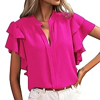 Off The Shoulder Tops for Women with Built in Bra Women's Summer New V Neck Casual Double Layer Ruffle Sleeve