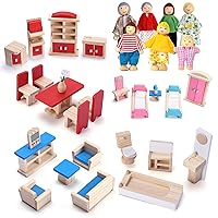 Dollhouse Furniture Wooden Doll House Furnisher 5 Set and 7 Family Dolls, Doll Wood Accessories and Furnishings for 1:12 Scale Miniature Dollhouse, Family Figures Pretend Play Toy