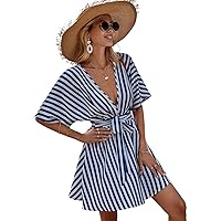 Women's 2023 Summer Dress Striped Print V Neck Half Sleeve Belted A-Line Short Dresses