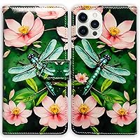 [RFID Blocking Case for iPhone 14 Pro Max,Green Dragonfly Pink Flower Leather Flip Phone Case Wallet Cover with Card Slot Holder Kickstand for iPhone 14 Pro Max