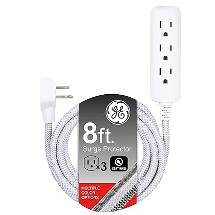 GE 3-Outlet Power Strip Surge Protector 8 Ft Braided Long Cord Extension Cord Surge Protector Power Strip Flat Plug Extension Cord 250 Joules UL Listed White 38433