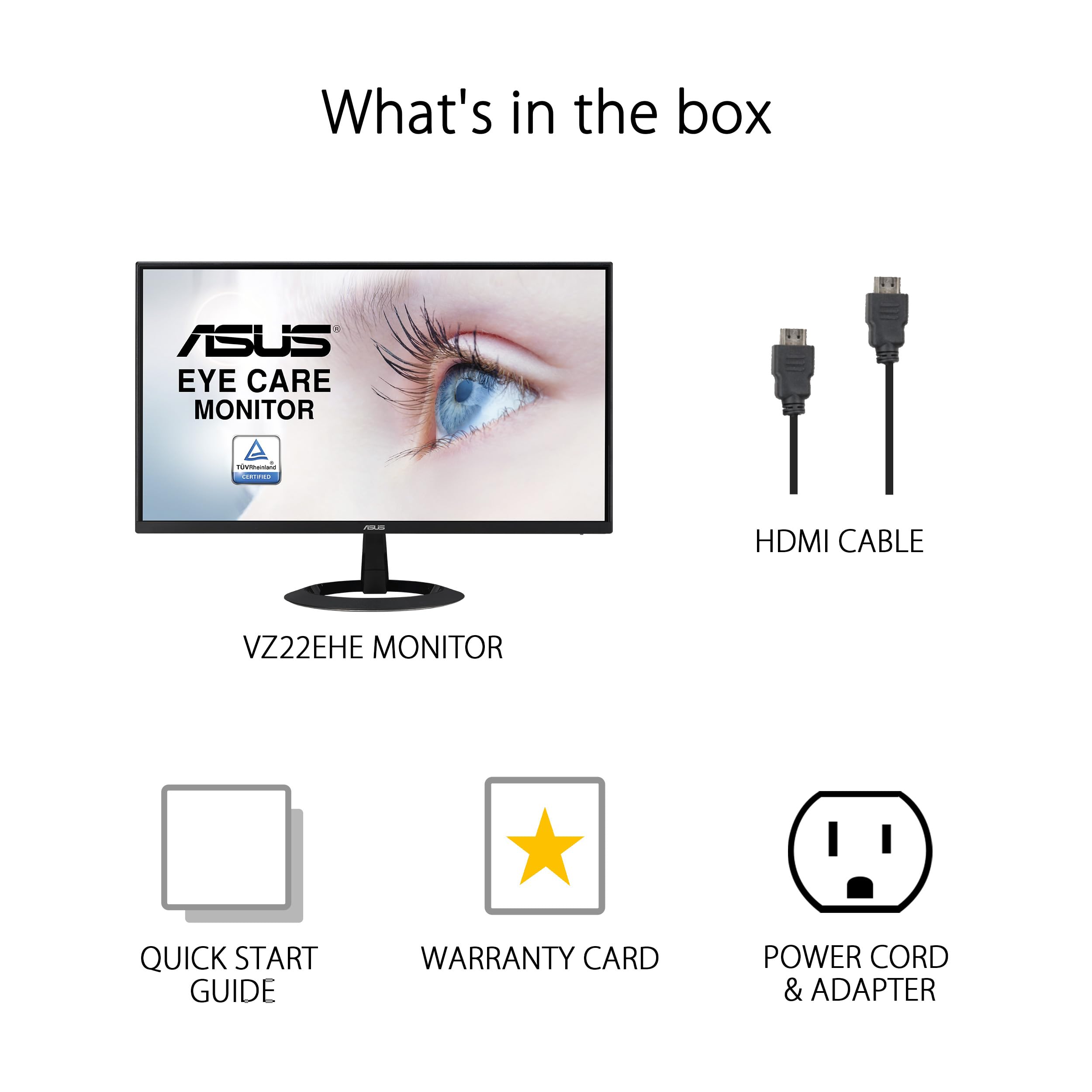 ASUS 22” (21.45” viewable) 1080P Eye Care Monitor (VZ22EHE) - Full HD, IPS, 75Hz, 1ms (MPRT), Adaptive-Sync, HDMI, Low Blue Light, Flicker Free, HDMI, VGA, Ultra-Slim,Black